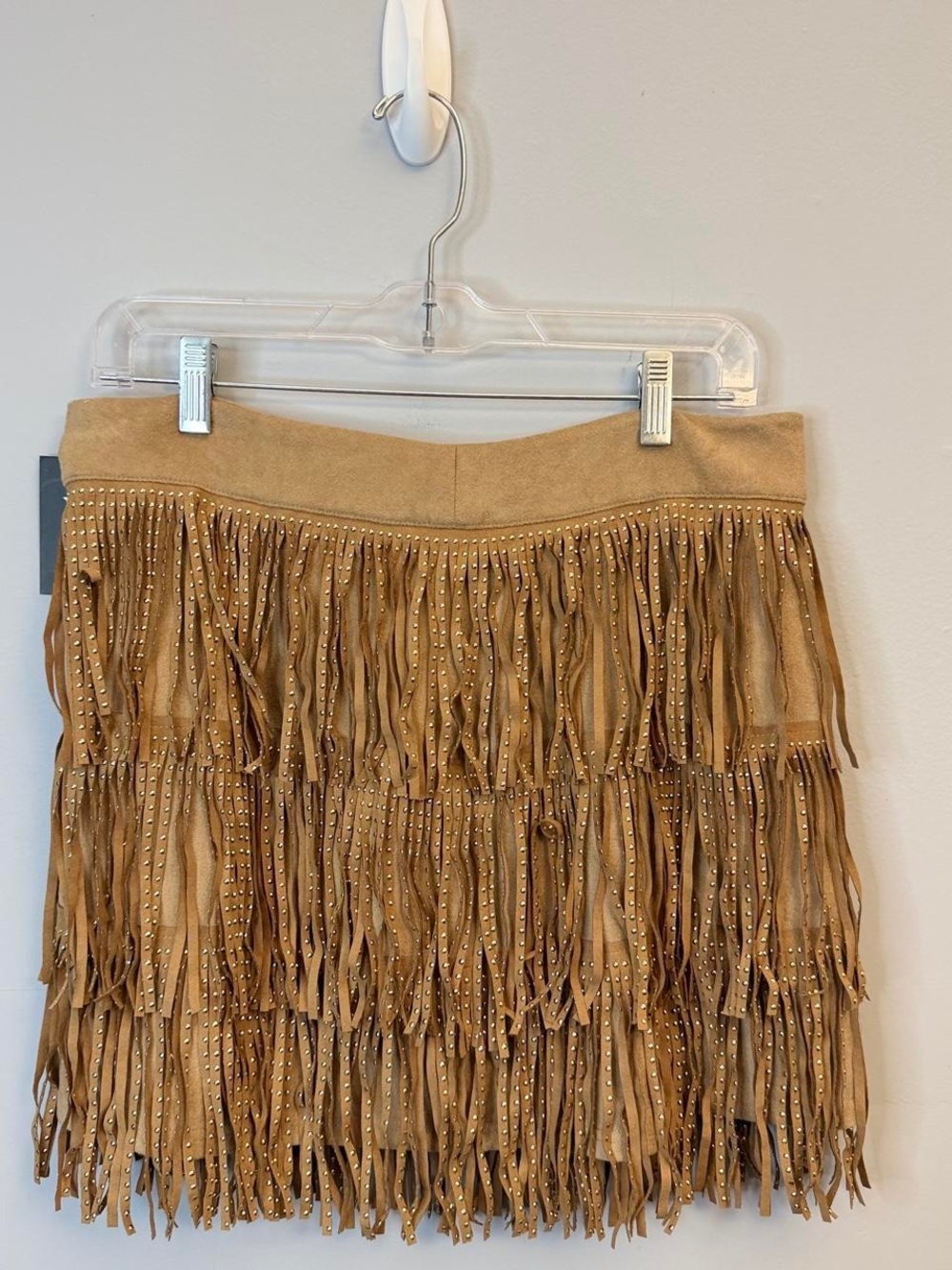 Fringed Suede-Look Mini Skirt in Tan with Stud Detail